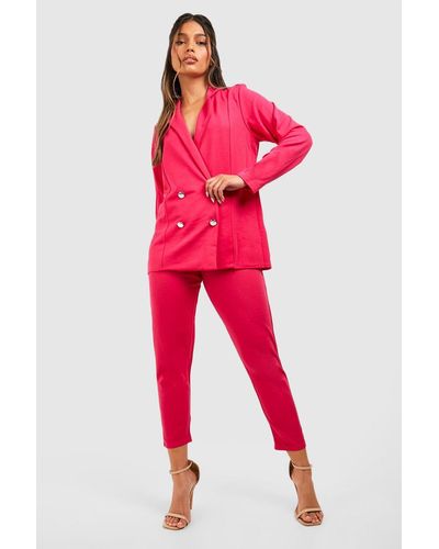 Boohoo Jersey Knit Double Breasted Blazer And Pants Suit Set - Pink