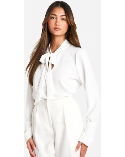 Boohoo Hammered Flared Cuff Tie Neck Blouse - White
