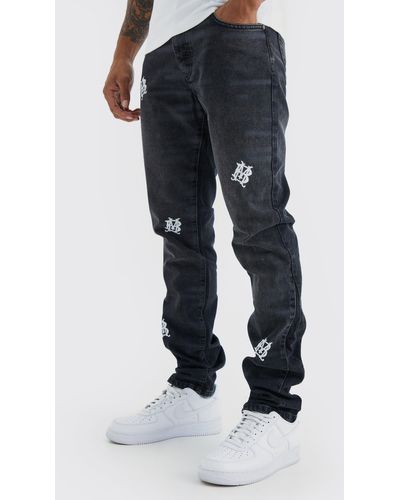 BoohooMAN Tall Slim Rigid Stacked Embroidered Gusset Jeans - Blue