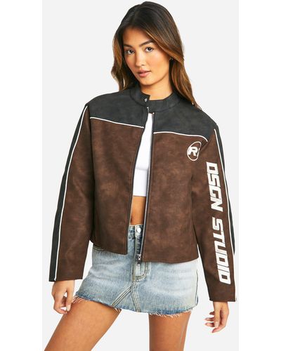 Boohoo Embroidered Fitted Vintage Look Faux Leather Moto Jacket - Brown