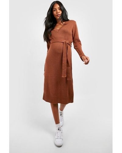 Boohoo Maternity V Neck Sweater Midi Dress - Brown