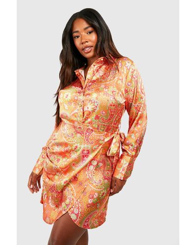 Boohoo Plus Bright Paisley Wrap Shirt Dress - Orange