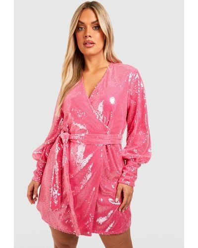 Boohoo Plus Sequin Wrap Dress - Pink