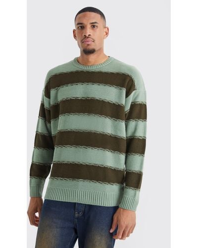 BoohooMAN Tall Oversized 2 Tone Stripe Knit Sweater - Green