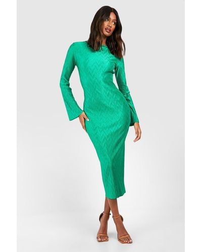 Boohoo Wave Plisse Flare Sleeve Midi Dress - Green