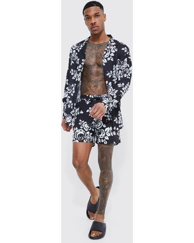 BoohooMAN Long Sleeve All Over Floral Shirt & Swim - Blue