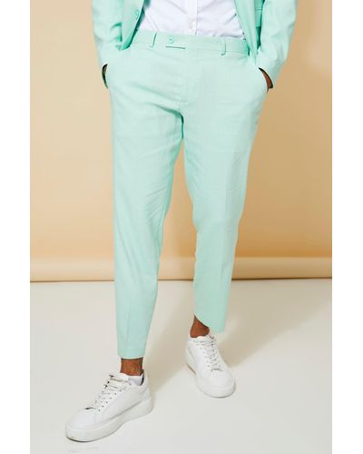 BoohooMAN Slim Linen Crop Suit Pants - Blue