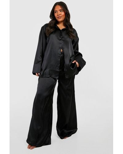 Boohoo Plus Satin Oversized Pajama Shirt & Pants Set - Black