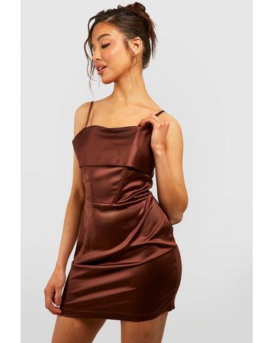 Boohoo Satin Corset Mini Dress - Brown