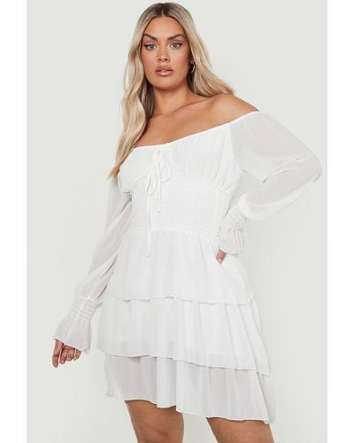 Boohoo Plus Bardot Shirred Ruffle Dress - White