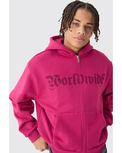 BoohooMAN Oversized Boxy Worldwide Zip Through Hoodie - Pink