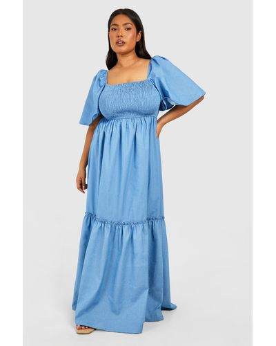Boohoo Plus Chambray Puff Sleeve Midaxi Smock Dress - Azul
