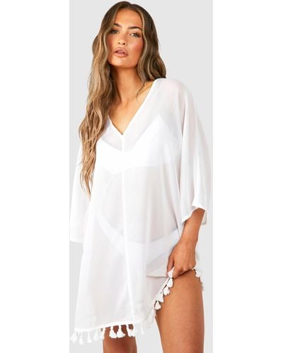 Boohoo Tassel Hem Cover-up Beach Dress - White