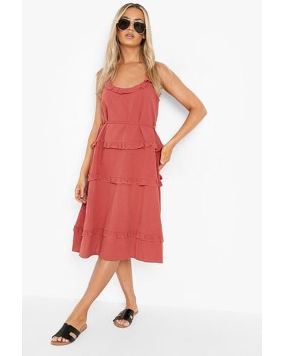 Boohoo Cheesecloth Tiered Frill Midi Skater Dress