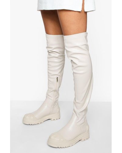 Boohoo Chunky Stretch Over The Knee Boots - White