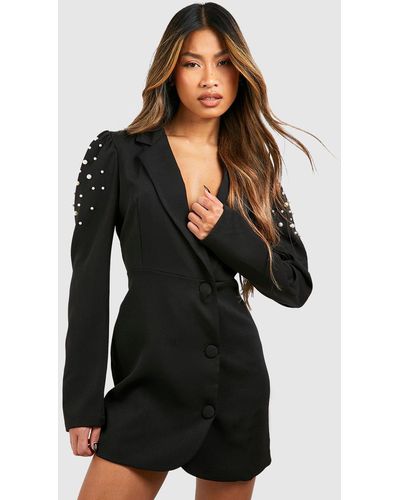 Boohoo Pearl Detail Puff Sleeve Tailored Blazer Dress - Black