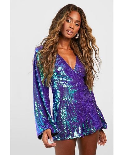 Boohoo Sequin Flare Sleeve Wrap Playsuit - Blue