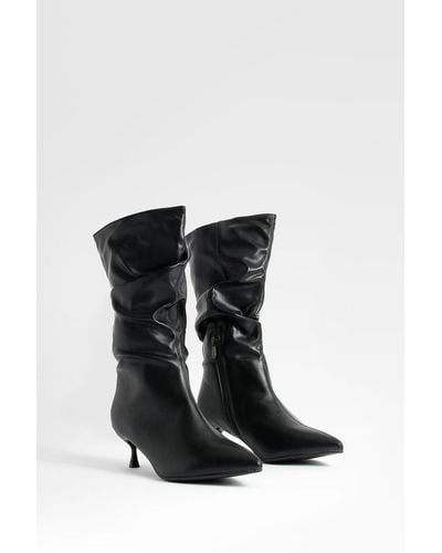 Boohoo Wide Fit Ruched Low Heel Knee High Boots - Black