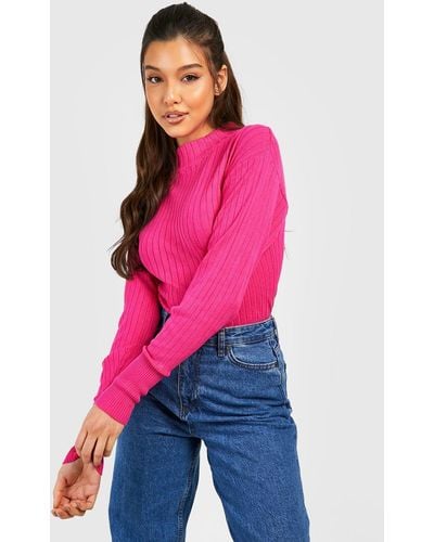 Boohoo Ribbed Funnel Neck Knitted Sweater - Red