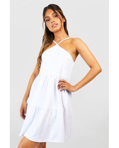 Boohoo Textured Tiered Halter Smock Dress - White