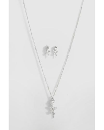 Boohoo Delicate Rose Detail Necklace & Earring Set - Blue