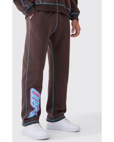 Boohoo Relaxed Contrast Stitch Leg Print Heat Graphic Sweatpants - Brown