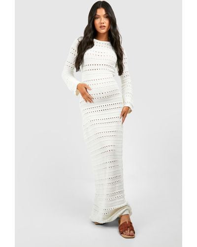 Boohoo Maternity Crochet Flare Sleeve Tie Back Knitted Maxi Dress - White