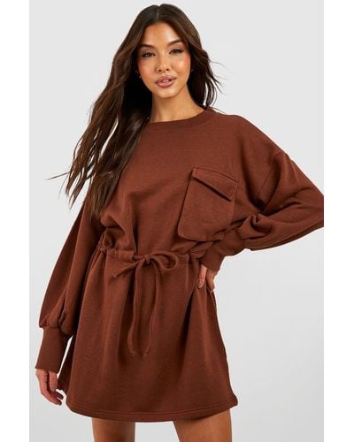 Boohoo Pocket Detail Sweat Dress - Brown