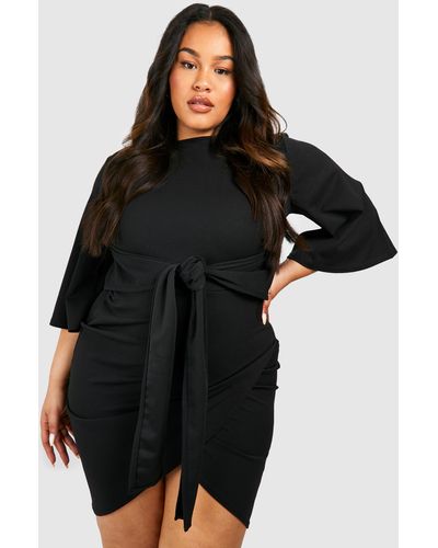 Black Kimono Sleeve Drawstring Waist Midi Dress