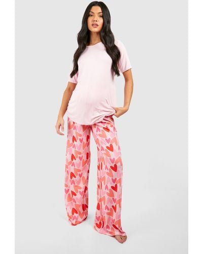 Boohoo Maternity Heart Print Trouser Pyjama Set - Rojo