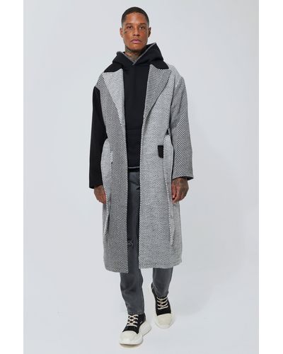 BoohooMAN Wool Look Tonal Colourblock Belted Overcoat - Gray