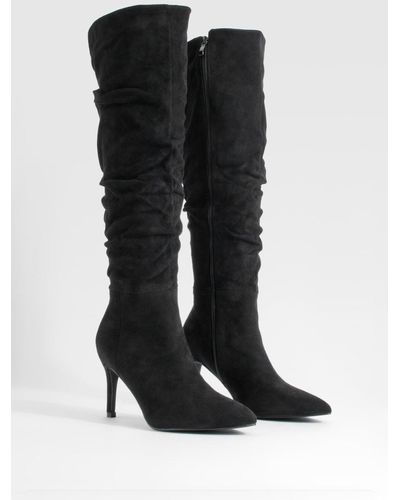 Boohoo Ruched Stiletto Knee High Boots - Black
