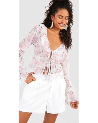 Boohoo Floral Print Tie Front Ruffle Blouse - White