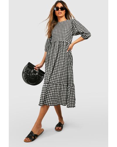 Boohoo Gingham Puff Sleeve Frill Hem Midi Smock Dress - Black