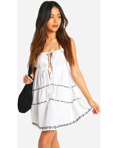 Boohoo Embroidered Linen Tiered Halter Neck Mini Dress - White