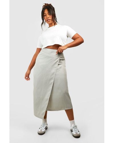 Boohoo Plus Woven Pinstripe Wrap Midaxi Skirt - Grey