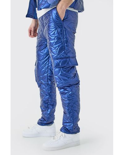 BoohooMAN Tall Elasticated Waist Metallic Quilted Cargo Pants - Blue