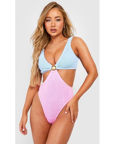 Boohoo Shell Color Block Crinkle Cut Out Bathing Suit - White