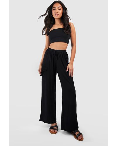 Boohoo Petite Wide Leg Jersey Knit Relaxed Cargo Pants - Blue