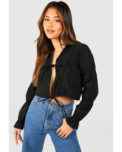 Boohoo Ruched Sleeve Tie Detail Cropped Shirt - Blue