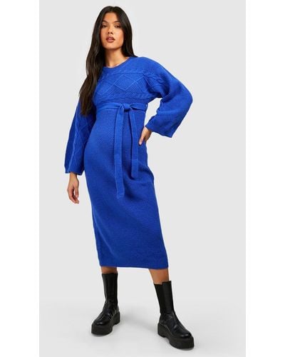 Boohoo Maternity Cable Knit Batwing Belted Sweater Dress - Blue