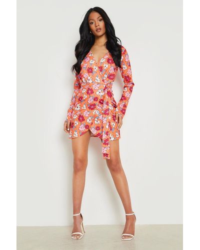 Boohoo Tall Floral Print Ruched Side Blazer Dress - Red