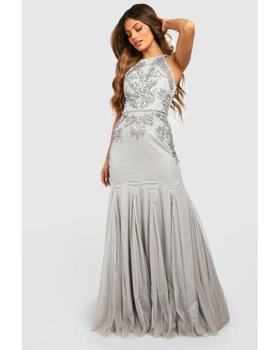 Boohoo Bridesmaid Hand Embellished Halter Maxi Dress - Gray