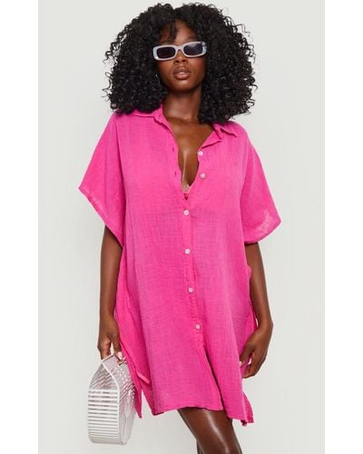 Boohoo Linen Look Button Front Batwing Beach Kaftan Shirt - Pink