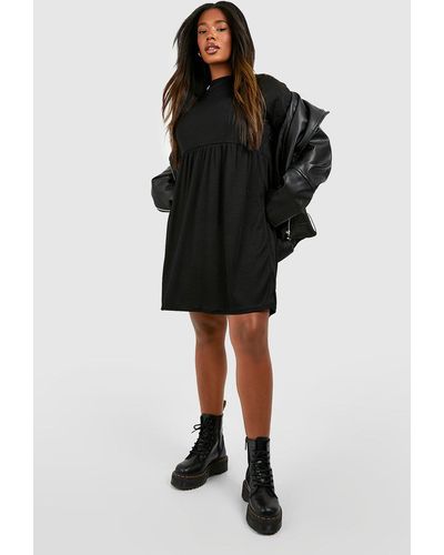 Boohoo Plus Rib Long Sleeve Basic Smock Dress - Black