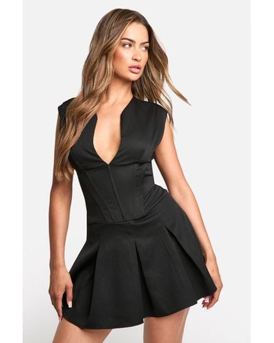 Boohoo Corset Detail Box Pleat Mini Dress - Black