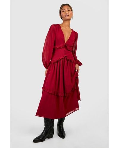 Boohoo Ruffle Waist Detail Midi Dress - Red