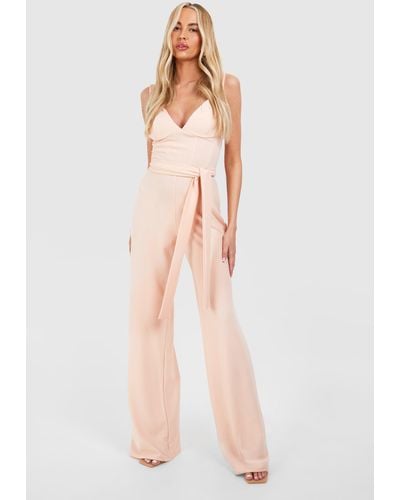 Boohoo Tall Corset Belted Wide Leg Jumpsuit - Natural