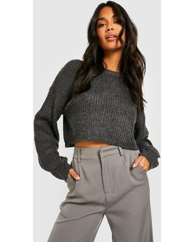 Boohoo Balloon Sleeve Crop Sweater - Brown