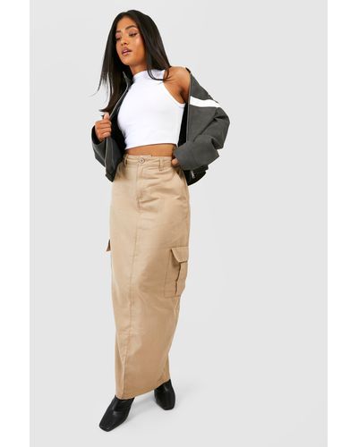 Boohoo Petite High Waisted Twill Cargo Midaxi Skirt - Natural